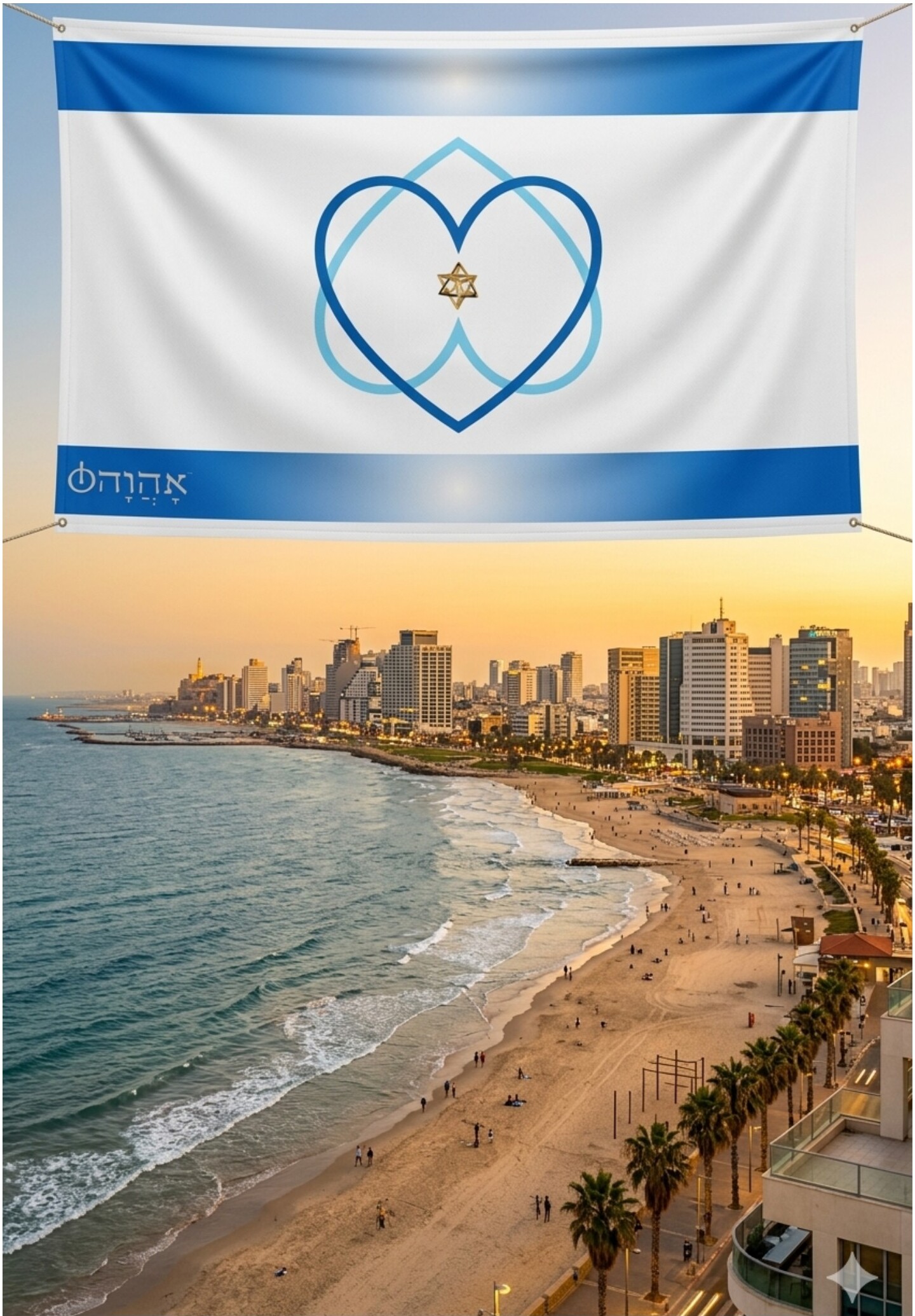 AHAVA Foundation banner above the Tel Aviv shoreline